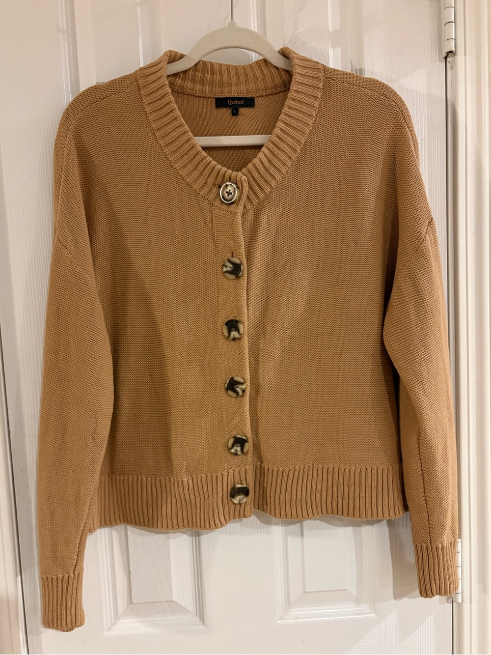 Quince Organic Cotton Cropped Cardigan Camel Large Quiet Luxury minimalist - Picture 2 of 12